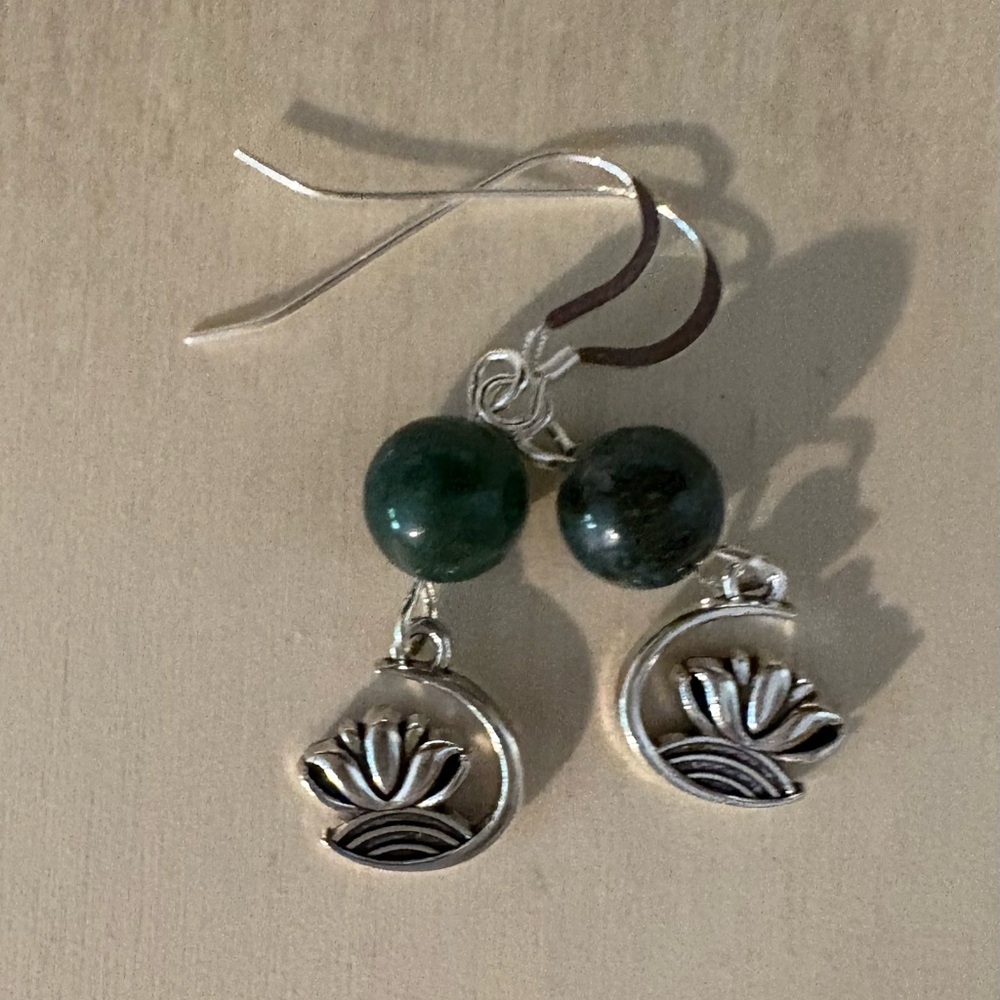 Silver Tone Lotuses and Green Agate Dangle Earrings